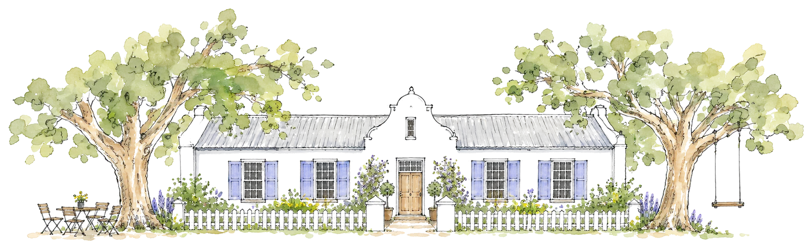 Watercolour of the café front: the white gabled house with blue shutters between two plane trees, a swing hanging from the right-hand tree.